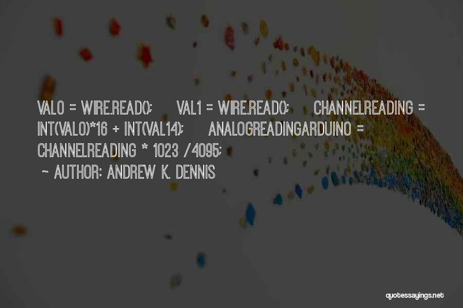 Andrew K. Dennis Quotes: Val0 = Wire.read(); Val1 = Wire.read(); Channelreading = Int(val0)*16 + Int(val14); Analogreadingarduino = Channelreading * 1023 /4095;