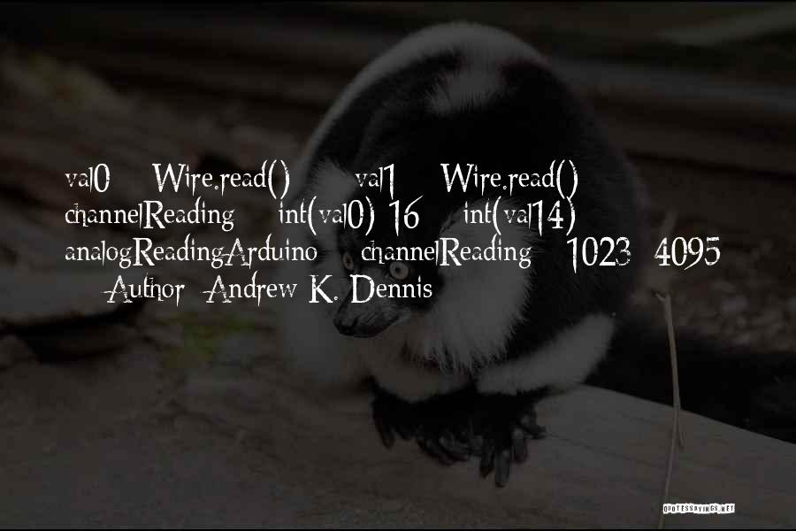 Andrew K. Dennis Quotes: Val0 = Wire.read(); Val1 = Wire.read(); Channelreading = Int(val0)*16 + Int(val14); Analogreadingarduino = Channelreading * 1023 /4095;