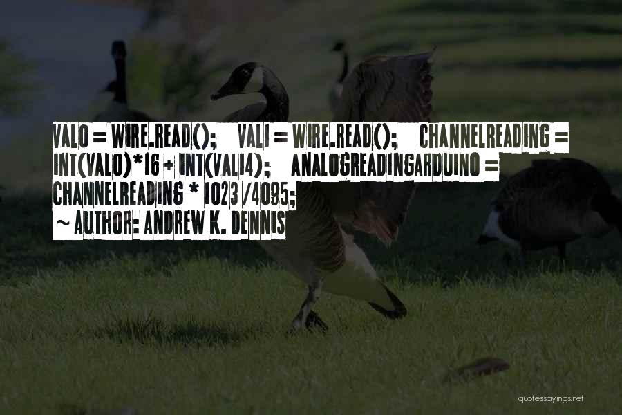 Andrew K. Dennis Quotes: Val0 = Wire.read(); Val1 = Wire.read(); Channelreading = Int(val0)*16 + Int(val14); Analogreadingarduino = Channelreading * 1023 /4095;