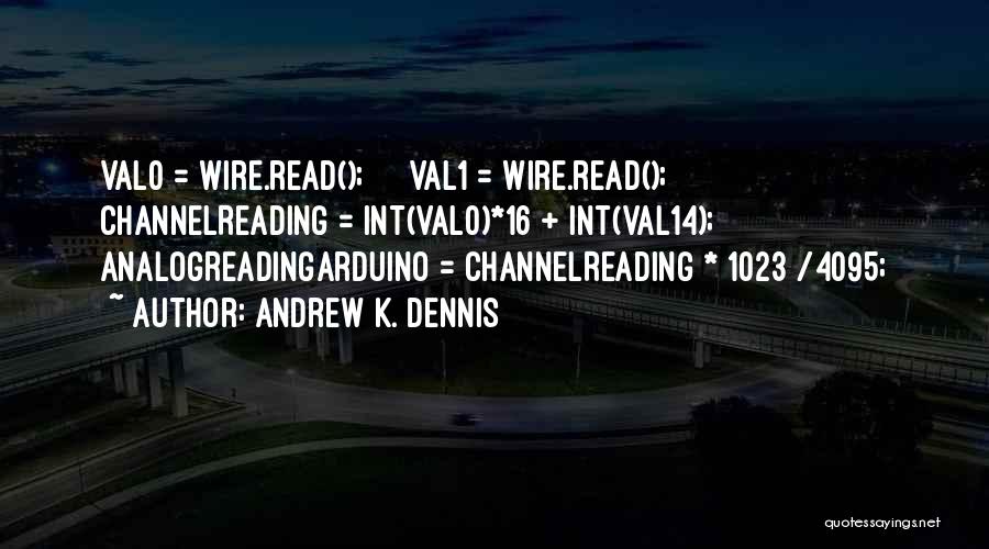 Andrew K. Dennis Quotes: Val0 = Wire.read(); Val1 = Wire.read(); Channelreading = Int(val0)*16 + Int(val14); Analogreadingarduino = Channelreading * 1023 /4095;