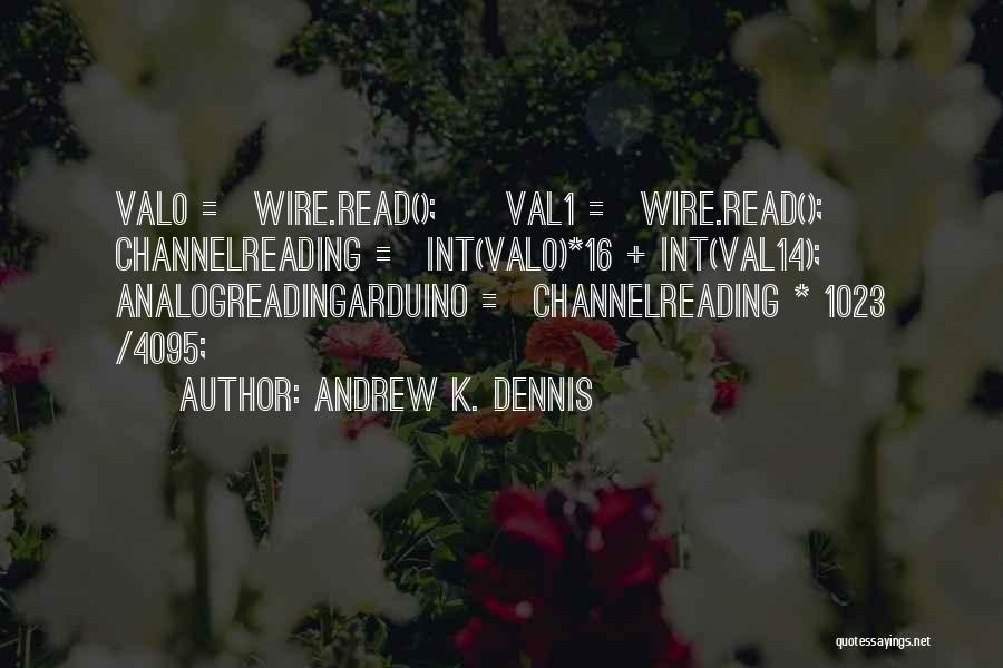 Andrew K. Dennis Quotes: Val0 = Wire.read(); Val1 = Wire.read(); Channelreading = Int(val0)*16 + Int(val14); Analogreadingarduino = Channelreading * 1023 /4095;