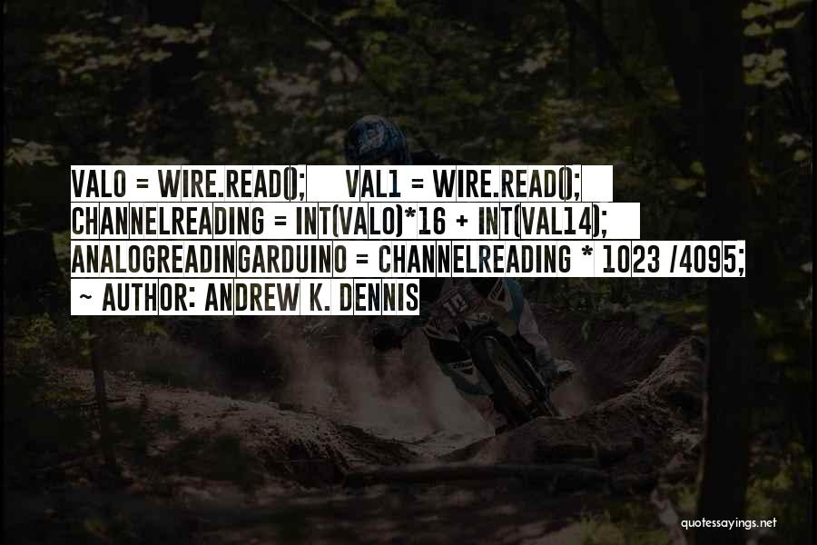 Andrew K. Dennis Quotes: Val0 = Wire.read(); Val1 = Wire.read(); Channelreading = Int(val0)*16 + Int(val14); Analogreadingarduino = Channelreading * 1023 /4095;
