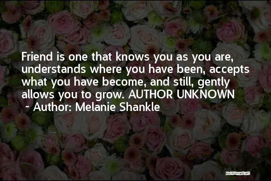 Melanie Shankle Quotes: Friend Is One That Knows You As You Are, Understands Where You Have Been, Accepts What You Have Become, And