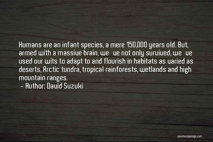 David Suzuki Quotes: Humans Are An Infant Species, A Mere 150,000 Years Old. But, Armed With A Massive Brain, We've Not Only Survived,