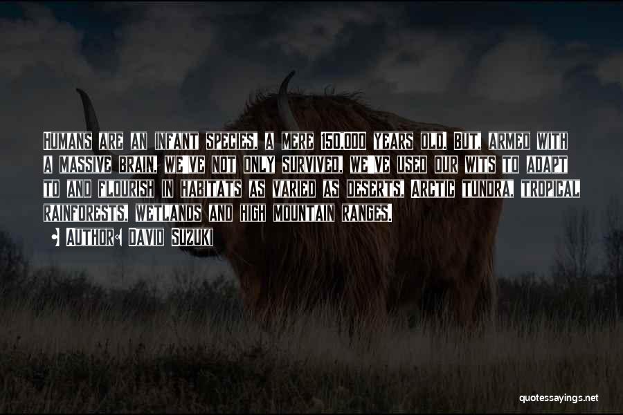 David Suzuki Quotes: Humans Are An Infant Species, A Mere 150,000 Years Old. But, Armed With A Massive Brain, We've Not Only Survived,