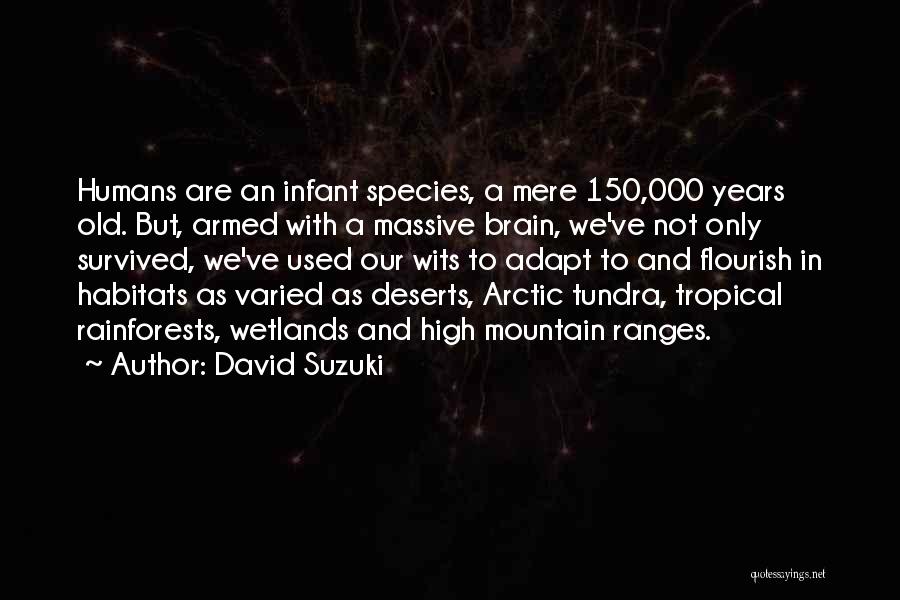 David Suzuki Quotes: Humans Are An Infant Species, A Mere 150,000 Years Old. But, Armed With A Massive Brain, We've Not Only Survived,