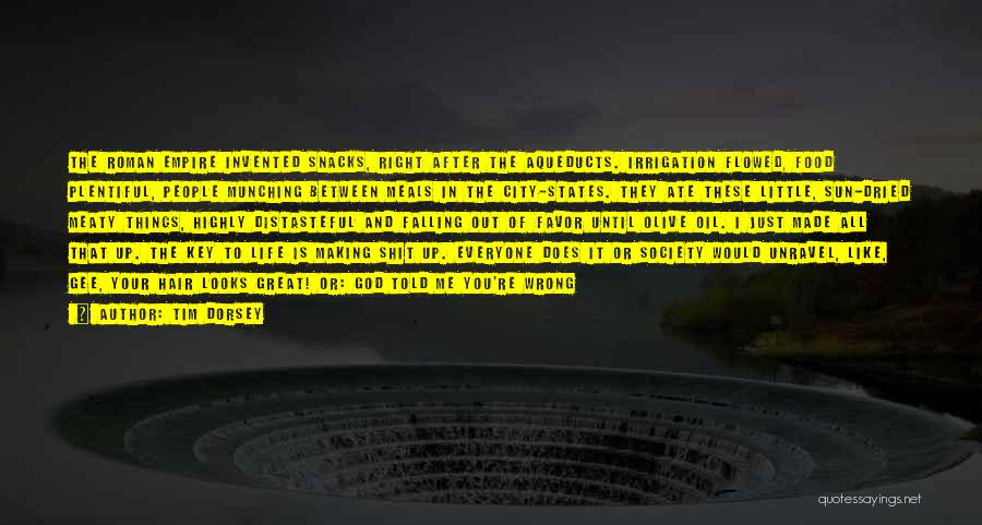 Tim Dorsey Quotes: The Roman Empire Invented Snacks, Right After The Aqueducts. Irrigation Flowed, Food Plentiful, People Munching Between Meals In The City-states.