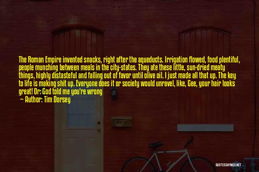 Tim Dorsey Quotes: The Roman Empire Invented Snacks, Right After The Aqueducts. Irrigation Flowed, Food Plentiful, People Munching Between Meals In The City-states.