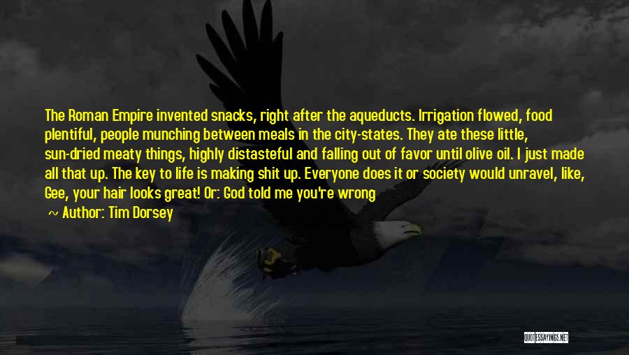 Tim Dorsey Quotes: The Roman Empire Invented Snacks, Right After The Aqueducts. Irrigation Flowed, Food Plentiful, People Munching Between Meals In The City-states.
