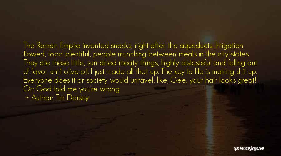 Tim Dorsey Quotes: The Roman Empire Invented Snacks, Right After The Aqueducts. Irrigation Flowed, Food Plentiful, People Munching Between Meals In The City-states.