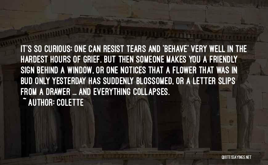 Colette Quotes: It's So Curious: One Can Resist Tears And 'behave' Very Well In The Hardest Hours Of Grief. But Then Someone