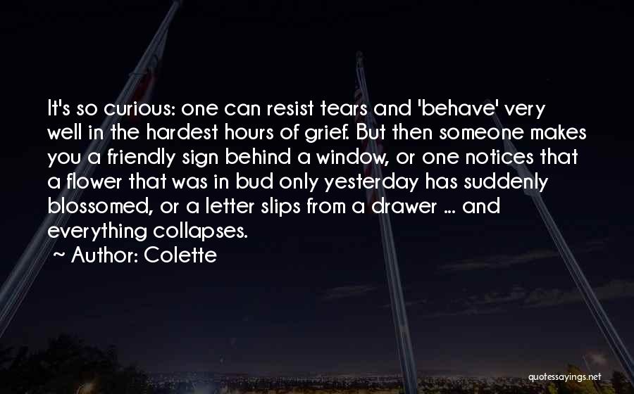 Colette Quotes: It's So Curious: One Can Resist Tears And 'behave' Very Well In The Hardest Hours Of Grief. But Then Someone