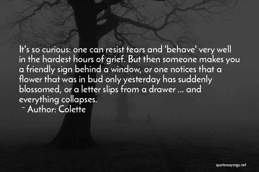 Colette Quotes: It's So Curious: One Can Resist Tears And 'behave' Very Well In The Hardest Hours Of Grief. But Then Someone