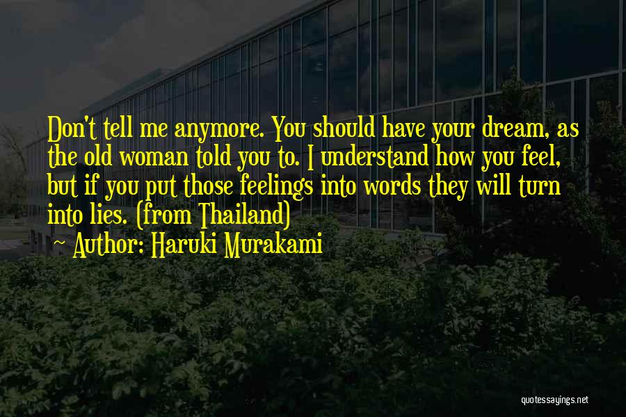 Haruki Murakami Quotes: Don't Tell Me Anymore. You Should Have Your Dream, As The Old Woman Told You To. I Understand How You