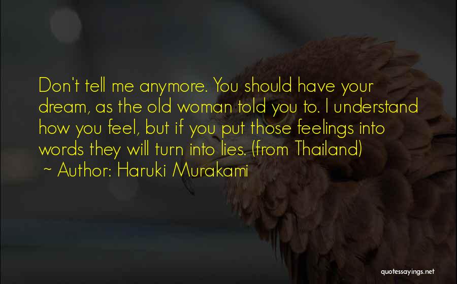 Haruki Murakami Quotes: Don't Tell Me Anymore. You Should Have Your Dream, As The Old Woman Told You To. I Understand How You