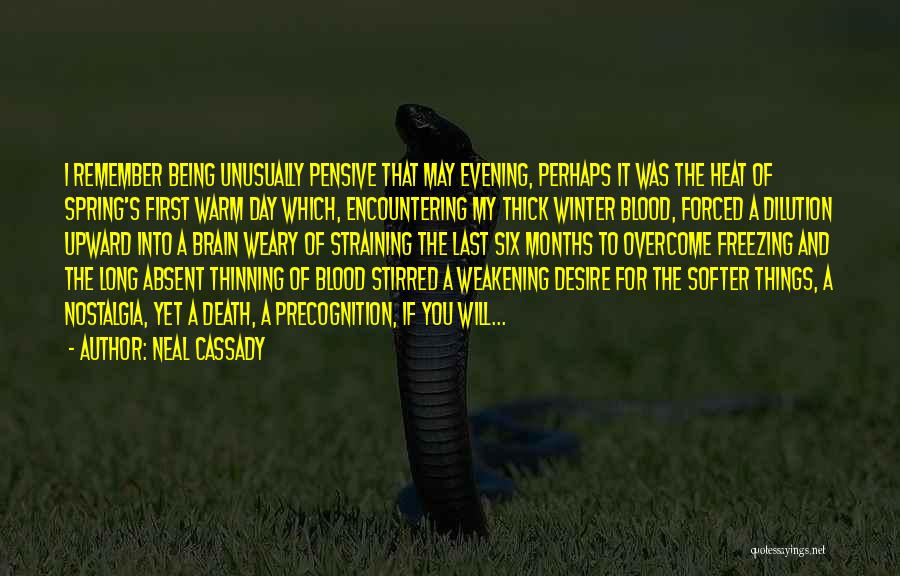 Neal Cassady Quotes: I Remember Being Unusually Pensive That May Evening, Perhaps It Was The Heat Of Spring's First Warm Day Which, Encountering