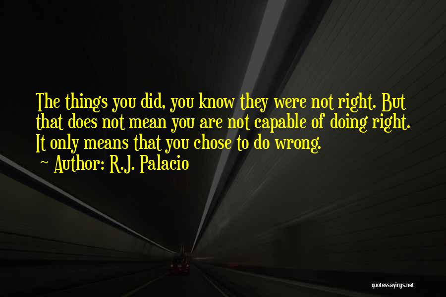 R.J. Palacio Quotes: The Things You Did, You Know They Were Not Right. But That Does Not Mean You Are Not Capable Of