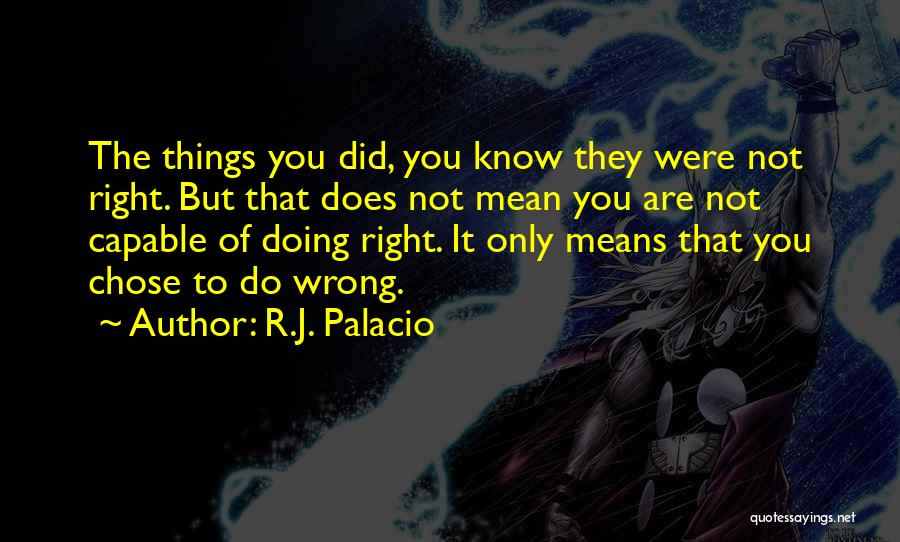 R.J. Palacio Quotes: The Things You Did, You Know They Were Not Right. But That Does Not Mean You Are Not Capable Of