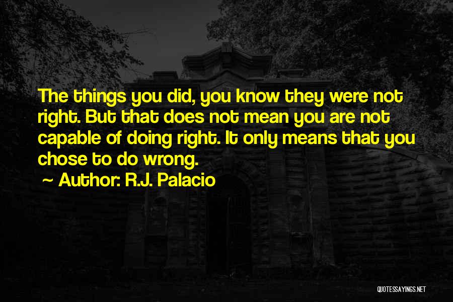 R.J. Palacio Quotes: The Things You Did, You Know They Were Not Right. But That Does Not Mean You Are Not Capable Of