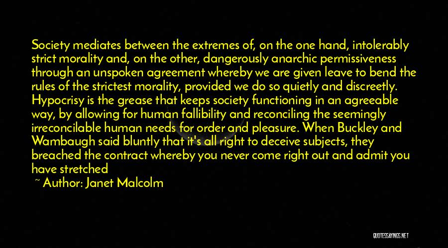 Janet Malcolm Quotes: Society Mediates Between The Extremes Of, On The One Hand, Intolerably Strict Morality And, On The Other, Dangerously Anarchic Permissiveness