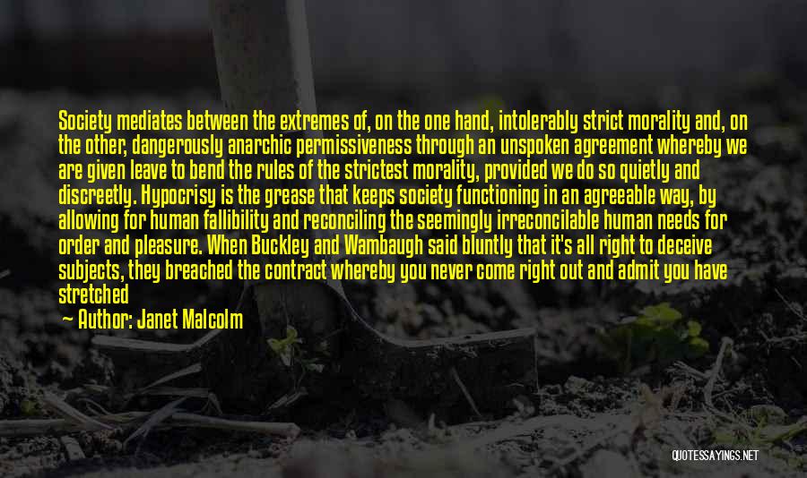 Janet Malcolm Quotes: Society Mediates Between The Extremes Of, On The One Hand, Intolerably Strict Morality And, On The Other, Dangerously Anarchic Permissiveness