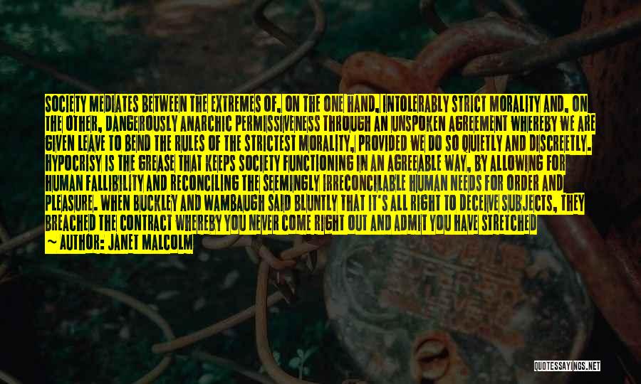 Janet Malcolm Quotes: Society Mediates Between The Extremes Of, On The One Hand, Intolerably Strict Morality And, On The Other, Dangerously Anarchic Permissiveness