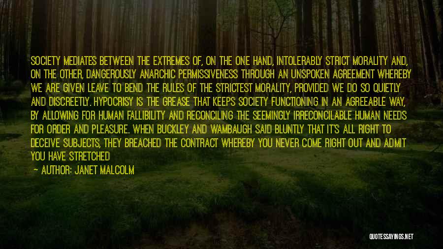 Janet Malcolm Quotes: Society Mediates Between The Extremes Of, On The One Hand, Intolerably Strict Morality And, On The Other, Dangerously Anarchic Permissiveness