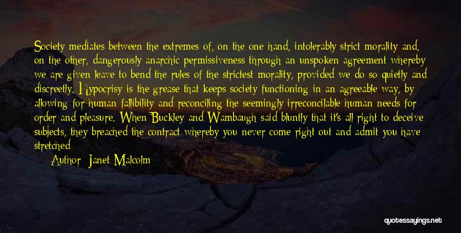Janet Malcolm Quotes: Society Mediates Between The Extremes Of, On The One Hand, Intolerably Strict Morality And, On The Other, Dangerously Anarchic Permissiveness