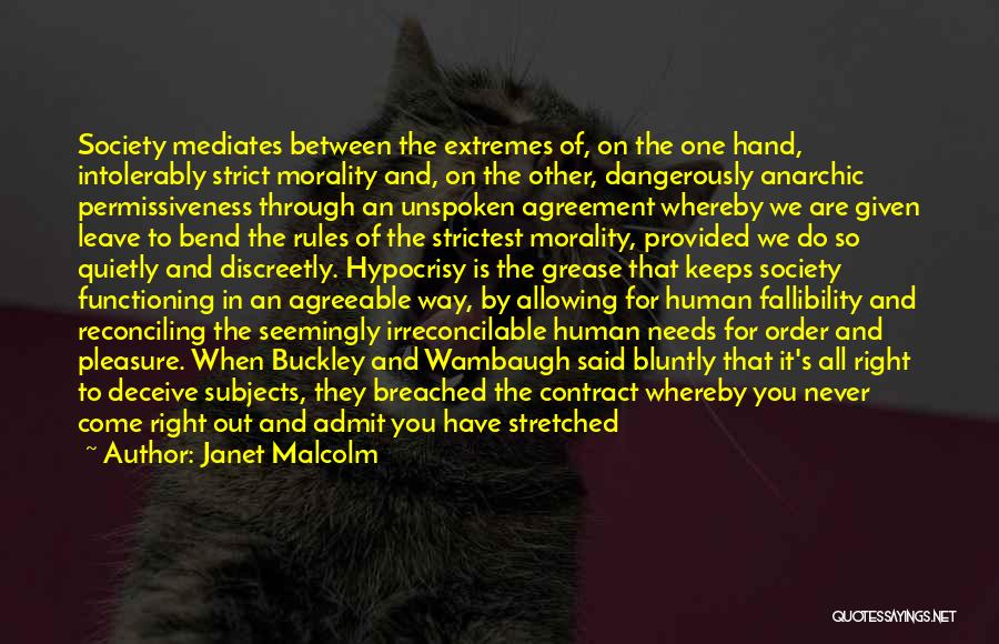 Janet Malcolm Quotes: Society Mediates Between The Extremes Of, On The One Hand, Intolerably Strict Morality And, On The Other, Dangerously Anarchic Permissiveness