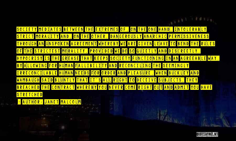 Janet Malcolm Quotes: Society Mediates Between The Extremes Of, On The One Hand, Intolerably Strict Morality And, On The Other, Dangerously Anarchic Permissiveness