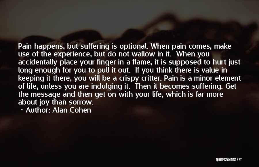 Alan Cohen Quotes: Pain Happens, But Suffering Is Optional. When Pain Comes, Make Use Of The Experience, But Do Not Wallow In It.