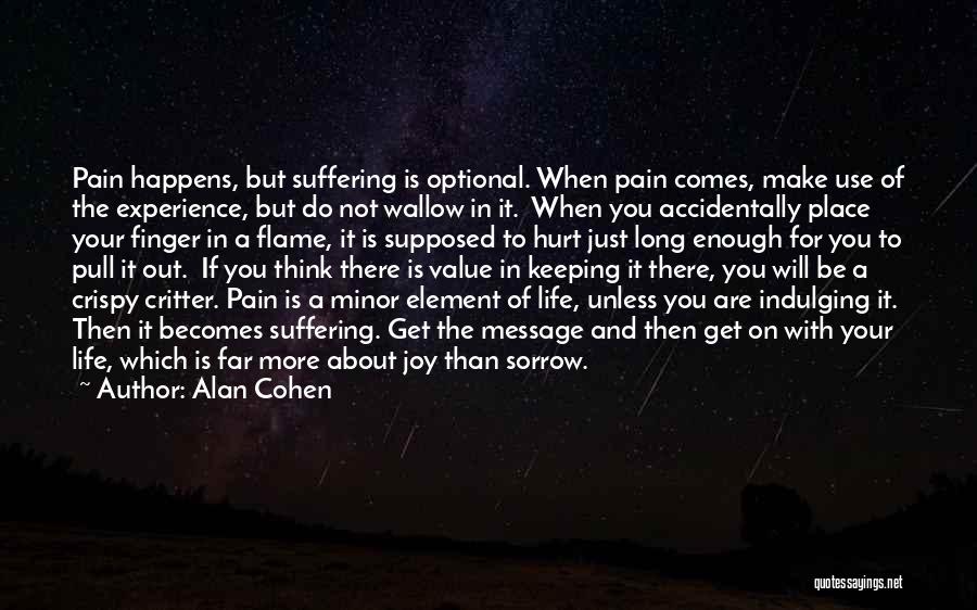 Alan Cohen Quotes: Pain Happens, But Suffering Is Optional. When Pain Comes, Make Use Of The Experience, But Do Not Wallow In It.