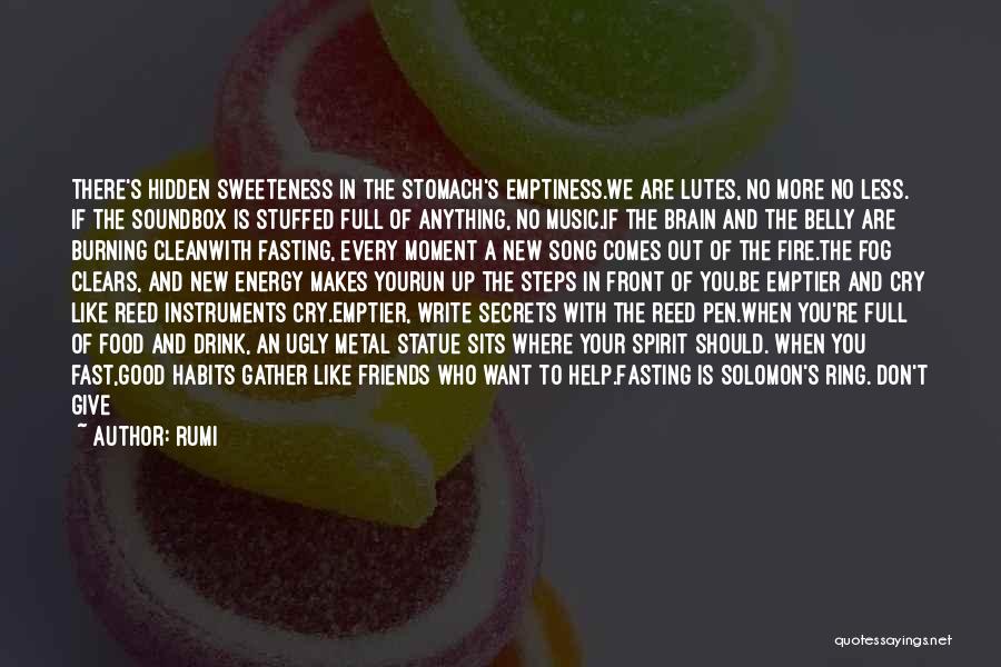 Rumi Quotes: There's Hidden Sweeteness In The Stomach's Emptiness.we Are Lutes, No More No Less. If The Soundbox Is Stuffed Full Of