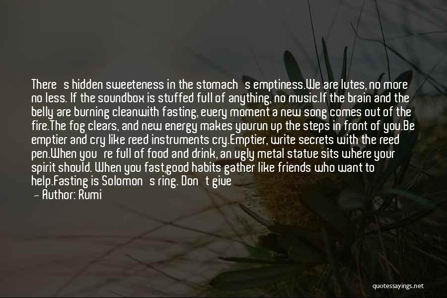 Rumi Quotes: There's Hidden Sweeteness In The Stomach's Emptiness.we Are Lutes, No More No Less. If The Soundbox Is Stuffed Full Of