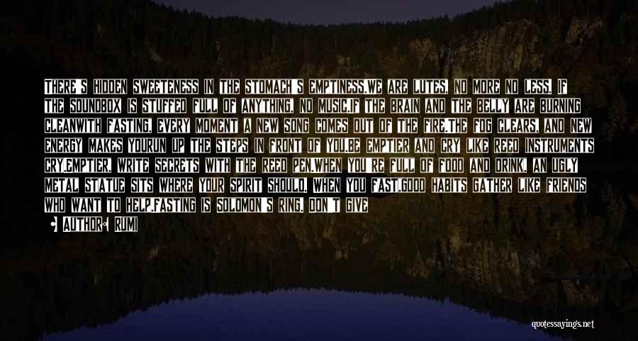 Rumi Quotes: There's Hidden Sweeteness In The Stomach's Emptiness.we Are Lutes, No More No Less. If The Soundbox Is Stuffed Full Of
