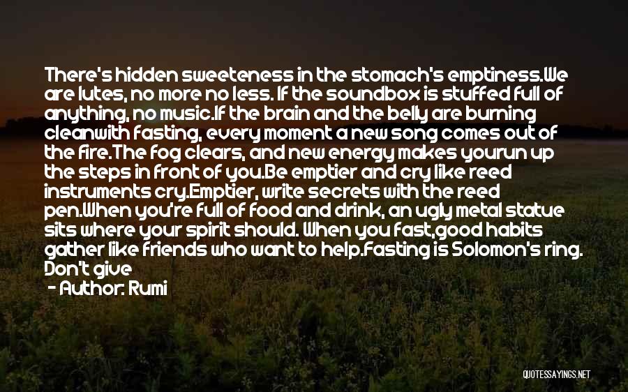 Rumi Quotes: There's Hidden Sweeteness In The Stomach's Emptiness.we Are Lutes, No More No Less. If The Soundbox Is Stuffed Full Of