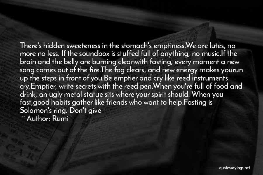 Rumi Quotes: There's Hidden Sweeteness In The Stomach's Emptiness.we Are Lutes, No More No Less. If The Soundbox Is Stuffed Full Of