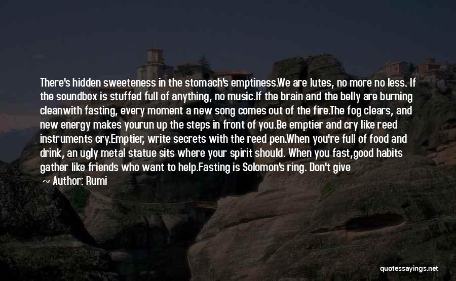 Rumi Quotes: There's Hidden Sweeteness In The Stomach's Emptiness.we Are Lutes, No More No Less. If The Soundbox Is Stuffed Full Of