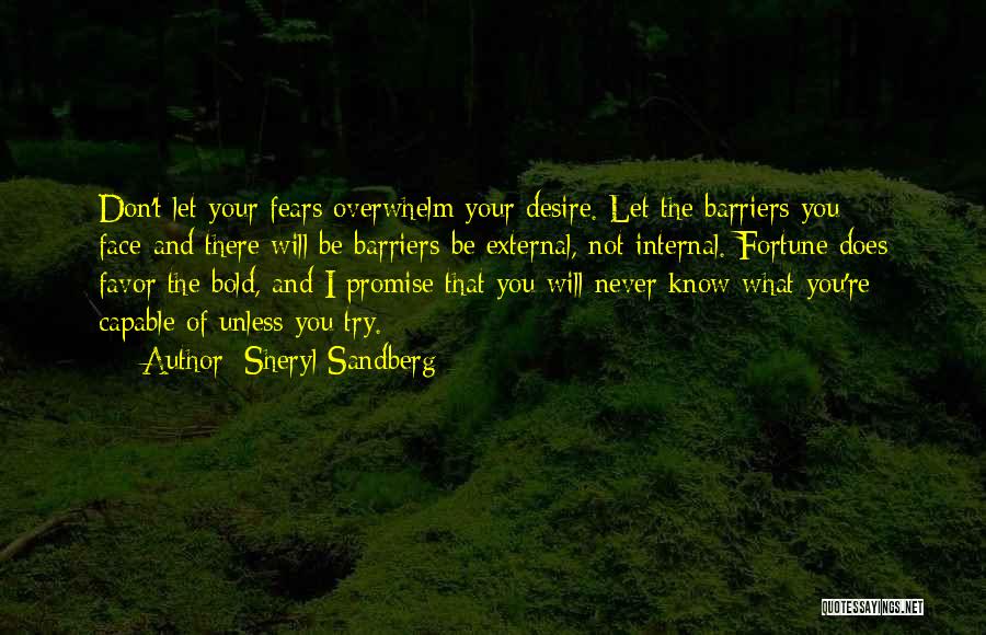 Sheryl Sandberg Quotes: Don't Let Your Fears Overwhelm Your Desire. Let The Barriers You Face-and There Will Be Barriers-be External, Not Internal. Fortune