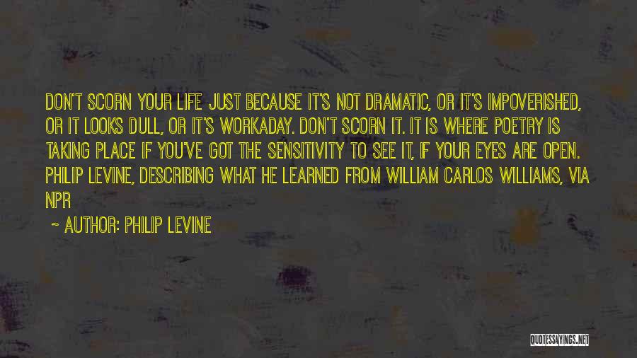 Philip Levine Quotes: Don't Scorn Your Life Just Because It's Not Dramatic, Or It's Impoverished, Or It Looks Dull, Or It's Workaday. Don't