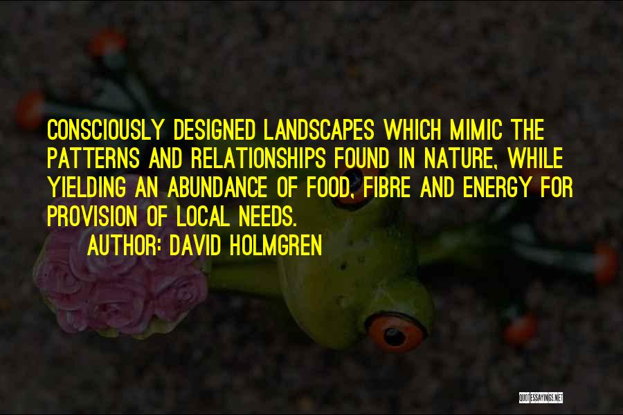 David Holmgren Quotes: Consciously Designed Landscapes Which Mimic The Patterns And Relationships Found In Nature, While Yielding An Abundance Of Food, Fibre And