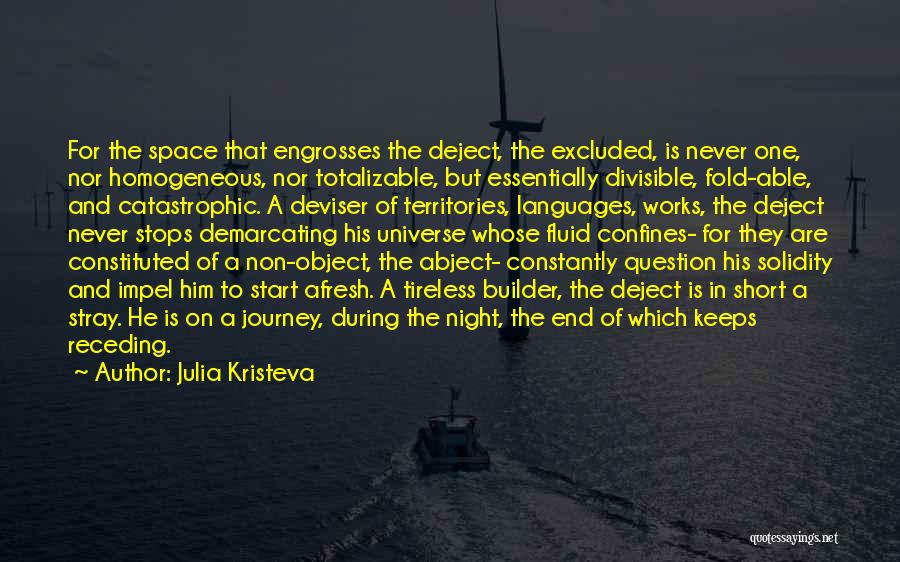 Julia Kristeva Quotes: For The Space That Engrosses The Deject, The Excluded, Is Never One, Nor Homogeneous, Nor Totalizable, But Essentially Divisible, Fold-able,