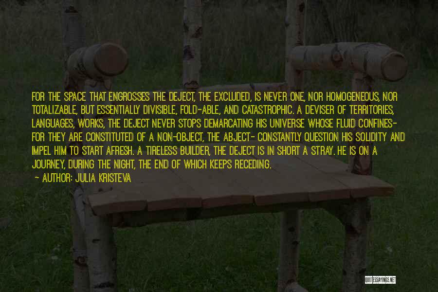 Julia Kristeva Quotes: For The Space That Engrosses The Deject, The Excluded, Is Never One, Nor Homogeneous, Nor Totalizable, But Essentially Divisible, Fold-able,