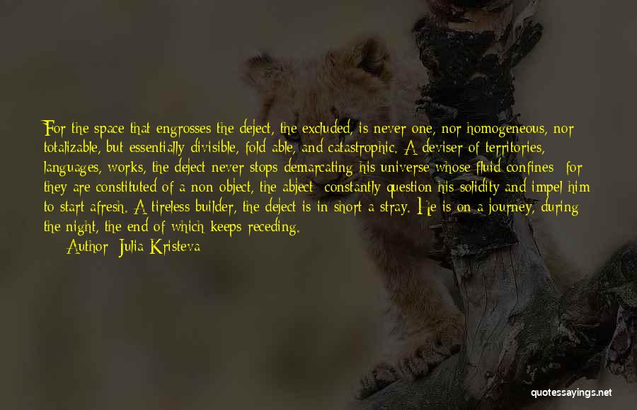 Julia Kristeva Quotes: For The Space That Engrosses The Deject, The Excluded, Is Never One, Nor Homogeneous, Nor Totalizable, But Essentially Divisible, Fold-able,