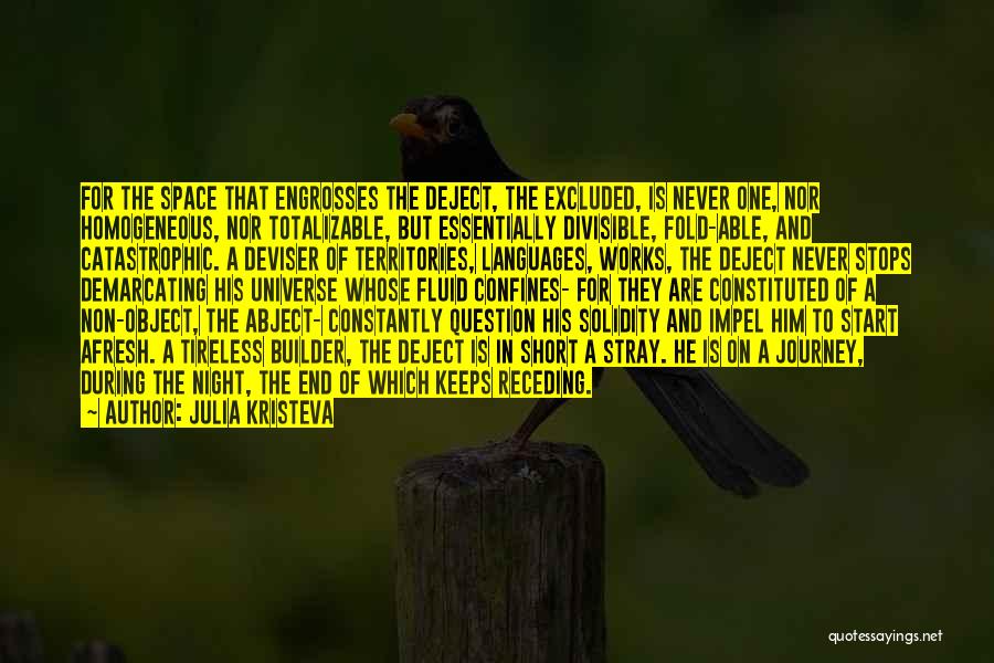 Julia Kristeva Quotes: For The Space That Engrosses The Deject, The Excluded, Is Never One, Nor Homogeneous, Nor Totalizable, But Essentially Divisible, Fold-able,
