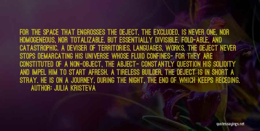 Julia Kristeva Quotes: For The Space That Engrosses The Deject, The Excluded, Is Never One, Nor Homogeneous, Nor Totalizable, But Essentially Divisible, Fold-able,