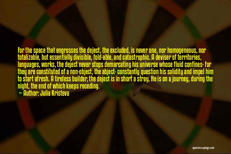 Julia Kristeva Quotes: For The Space That Engrosses The Deject, The Excluded, Is Never One, Nor Homogeneous, Nor Totalizable, But Essentially Divisible, Fold-able,