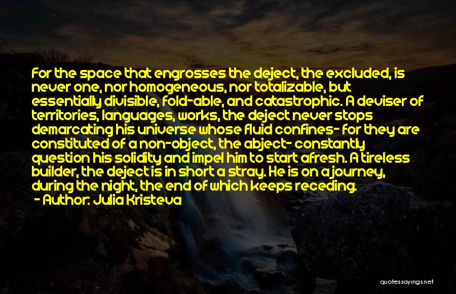Julia Kristeva Quotes: For The Space That Engrosses The Deject, The Excluded, Is Never One, Nor Homogeneous, Nor Totalizable, But Essentially Divisible, Fold-able,