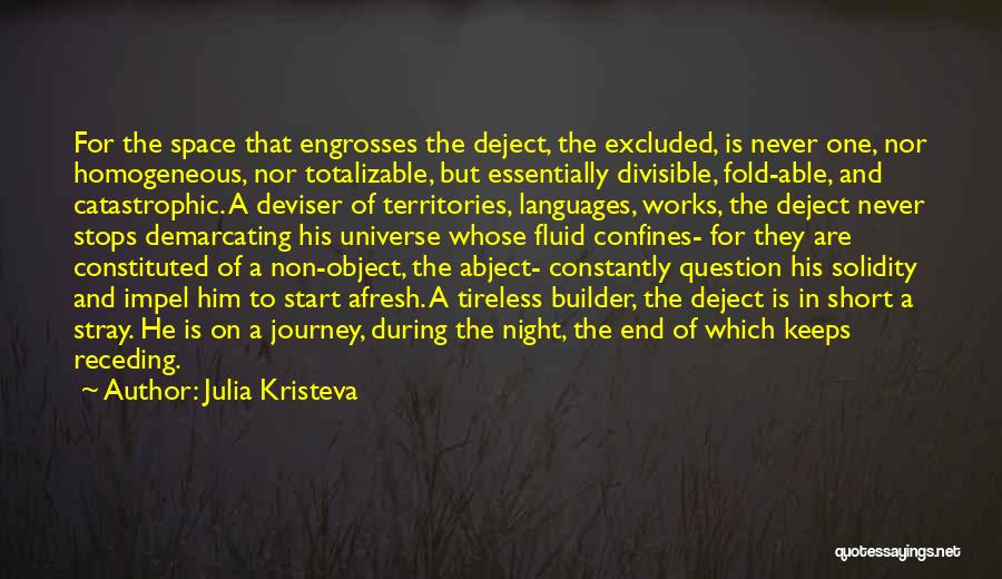 Julia Kristeva Quotes: For The Space That Engrosses The Deject, The Excluded, Is Never One, Nor Homogeneous, Nor Totalizable, But Essentially Divisible, Fold-able,