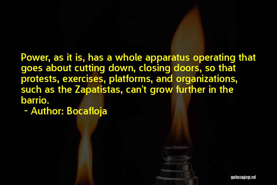 Bocafloja Quotes: Power, As It Is, Has A Whole Apparatus Operating That Goes About Cutting Down, Closing Doors, So That Protests, Exercises,